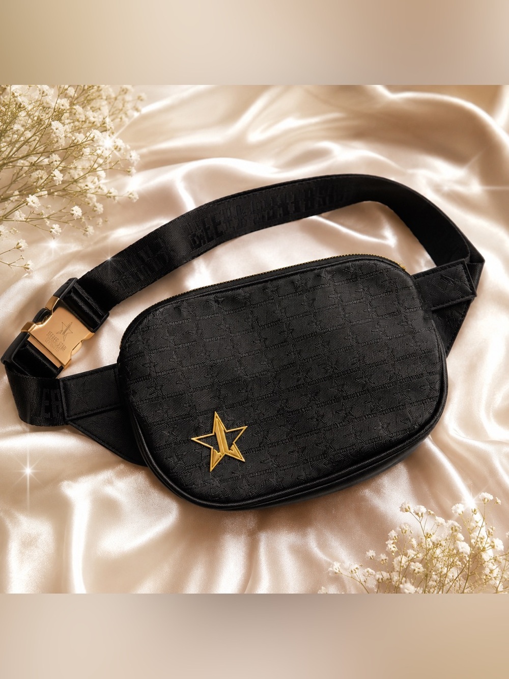 Jeffree Star Cosmetics Black Faux Leather Belt Bag Fanny Pack Gold Star Logo
